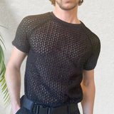 Wiaofellas  -  New Fashion Solid Color Hollow Knit T-shirts Men Spring Summer Leisure O Neck Basic Tops Mens Clothing Casual Short Sleeve Tees
