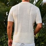 WIAOFELLAS  -  Summer Men's Retro Solid Color Short-Sleeved Shirt Knitted Hollow Fashion Casual Trend Loose Breathable Seaside Beach Men's Tops