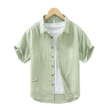 Wiaofellas  -  Summer New Men's Short Sleeve Shirt Small Stand Collar Retro Casual Loose Half Sleeve Shirt Trendy Polyester Fiber Iron Free
