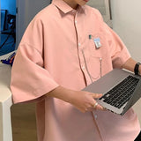 WIAOFELLAS  -  Summer New Turn-down Collar Fashion Half Sleeve Shirt Man High Street Casual Loose Button Cardigan Pockets Y2K Solid Color Tops