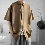 WIAOFELLAS  -  Simple Men's Shirts Turn-down Collar Ice Silk Solid Color Short Sleeved Loose Menswear Single Breasted Male Tops