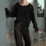 WIAOFELLAS  -  Men's Solid Color Ripped Long-Sleeved T-Shirt American Retro Fashion Trend High Street Loose Casual Breathable Niche Men's Tops