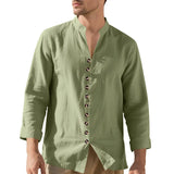 Wiaofellas  -  Spring and Autumn New Style Shirt Long Sleeve Men's Casual Retro Lapel French Henry Collar Single Breasted T-shirt
