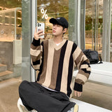 WIAOFELLAS  -  Autumn Men's Striped Men Knitted Sweaters Pullovers Harajuku Streetwear Tate V-neck Sweater Knitwear Striped Sweater A88