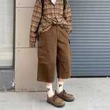 WIAOFELLAS  -  Summer Cotton Casual Pants Men Retro Cargo Pants Men Japanese Streetwear Hip-hop Loose Wide Leg Pants Men Cropped Trousers
