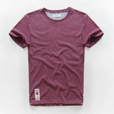 Wiaofellas  -  Retro Distressed Cotton round Neck Short Sleeve T-Shirt Loose Fit Basic Color Summer Youth Fashion Standard Tailoring Male Top