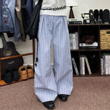 Wiaofellas  -  Autumn Blue White Striped Pleated Straight-Leg Pantalones Man High Street Fashion Baggy Trousers Casual Cleanfit Y2K Pants