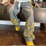 Wiaofellas  -  Men's graffiti print jeans Men's High Street style hip hop pants straight leg baggy cargo jeans