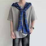WIAOFELLAS  -  Fashion Men's Plaid Hooded Bandage design O-neck T-shirts Trendy Summer Casual Loose Short Sleeves Tops Male