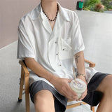 Wiaofellas Summer Short Sleeve Shirt Men Fashion Society Mens Dress Shirt Korean Loose Ice Silk Shirts Mens Black White Casual Shirt M-2XL
