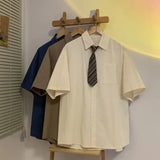 Wiaofellas  -  Men Japanese Style Summer Short Sleeve Shirt with Tie DK Uniform Retro Loose School Blouse Plus Size