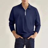 Wiaofellas  -  Men's Light Blue Quarter Zip Polo Neck Top Long Sleeve Casual Solid Color Slim Fit Pullover For Spring Autumn