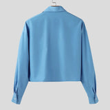 WIAOFELLAS  -  Men Shirt Solid Color Lapel Long Sleeve Loose Casual Male Crop Tops Streetwear Korean Style 2026 Fashion Men Clothing