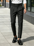 Wiaofellas  -  Men's Retro Black Business Casual Striped High-Waisted Straight-Fit Trousers with Drape Effect