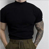 Wiaofellas  -  Men Clothing Summer Short Sleeve Fitness Gym Training Tees Half High Collar Solid Skinny T-shirt Male Running Ribbed Basic Tops