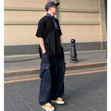 WIAOFELLAS  -  Loose Large Pockets Cargo Jeans Men and Women Korean Fashion Streetwear Straight Wide-leg Pants Retro Hip-hop Drape Long Pants