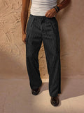 Wiaofellas  -  Men Italian Naples Style Striped High Waist Wide Leg Suit Pants Black Pleated Button Detail Light Business Formal Trousers