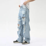 Wiaofellas  -  American Style Men's Denim Pants Casual Worn-out Design Big Pockets Jeans Loose Straight Male Trousers Autumn