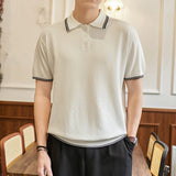 Wiaofellas  -  British Style Knitted Polo Shirt for Men Striped Lapel Casual Business T-shirt Elastic Comfortable Social Office Street POLO Top