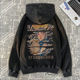 WIAOFELLAS  -  New Men's Art Owl Girl Graphic Print Hooded Sweatshirts Washed Distressed Harajuku Fashion Pullover Hoodies Y2K Streetwear Hoody