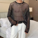 WIAOFELLAS  -  Tops Mens Sexy Transparent Glitter Mesh T Shirts Fashion Long Sleeve O Neck See Through Basic Tops Men Streetwear Tees