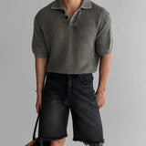 WIAOFELLAS  -  Men's Knitted Hollow Short-Sleeved Polo Shirt American Retro Fashion Trend Street Loose Breathable Casual Niche New Men's Tops