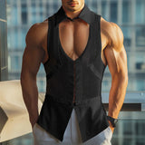 WIAOFELLAS  -  Men Tank Tops Patchwork Hollow Out Lapel Sleeveless Sexy Male Vests Summer Streetwear 2025 Fashion Casual Men Clothing