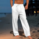 Wiaofellas  -  Men Summer Cotton Linen Drawstring Casual Pants Solid Color Loose Wide Leg Trousers Breathable Elastic Waist Daily Beach
