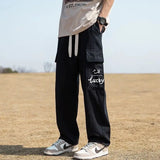 WIAOFELLAS  -  Men's Clothing Spring Autumn Elastic Pockets High Waisted Letter Embroidered Casual Trousers Cargo Straight Bloomers Pants