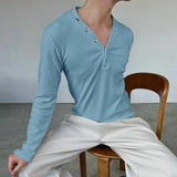 WIAOFELLAS  -  Men T Shirt Solid Color V Neck Long Sleeve Knitted Male Tee Tops Streetwear Fashion Casual Men Clothing Camisetas S-3XL