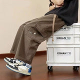 WIAOFELLAS  -  Preppy Style Solid Color Men's Clothing Spring Autumn Elastic Pockets High Waisted Casual Trousers Cargo Straight Bloomers Pants