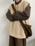 WIAOFELLAS  -  Men Autumn Winter Retro O-neck Knitted Vest Men's Oversize Loose Pullover Waistcoat Male Solid Sweater Sleeveless Tops K460