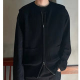 Wiaofellas  -  Knitted Zippers Cardigan Sweater Vest Men Sleeveless Casual Loose Streetwear O Neck Solid Color Coat Luxury Clothing