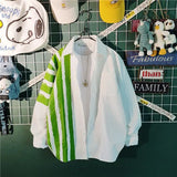 WIAOFELLAS  -  New Spring and Autumn Fashion Trend Simple Polo Collar Stripe Contrast Slouchy Style Casual Loose Men's Shirt Thin Coat