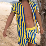 Wiaofellas  -  Fashion Stripe Print Beach Two Piece Set  Men Short Sleeve Lapel Shirts And Shorts Casual Suits Summer Hawaiian Outfits Male