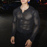 WIAOFELLAS  -  Mens T-Shirt Shiny Sexy Perspective Ballroom T-Shirt Nightclub Stage Performance Fashion Niche Long-Sleeved Top Men'S Clothing