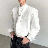 WIAOFELLAS  -  Men Shirt Solid Color Stand Collar Long Sleeve Men Clothing With Tie Streetwear Loose 2026 Fashion Casual Men Clothing