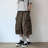Wiaofellas  -  Summer Japanese Vintage Multi Pocket Cargo Capri Pants For Men Women Maillard Loose Casual Straight Wide Leg Shorts