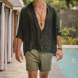 WIAOFELLAS  -  Cotton Linen Shirt Men's Vintage Stand Collar Buttoned Tops Beach Loose Shirts For Men Loose Solid Half Sleeve Casual Clothes