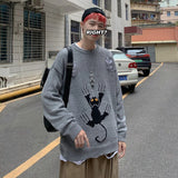 WIAOFELLAS  -  Ripped Pullovers Men Cat-Printed Teens Personality Streetwear Design Baggy All-match Cool Students Unisex Clothing Sweater Male