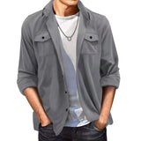 WIAOFELLAS  -  Fashion Suede Shirt For Men's Clothing Spring Autumn Casual Solid Color Pocket Long Sleeves Turn-down Collar Coats Loose Tops