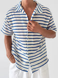 Wiaofellas  -  Daily Leisure Mens Short Sleeve Knit Shirt Summer Outdoor Casual Striped Knitted Cardigan Tops Men Stylish Buttoned Lapel Shirts