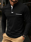 Wiaofellas  -  Men Stand Collar Henry Long Sleeve Polo Shirt Soft Fabric Pocket Casual Spring Daily Tops