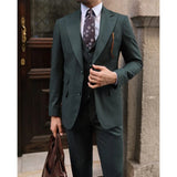 WIAOFELLAS  -  Men's Suits Dark Green 3 Piece Fashion Peak Lapel Single Breasted Wear Business Casual Slim Men Clothing (Jacket+Pants+Vest)