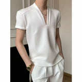 Wiaofellas  -  Korean Fashion V-neck T-shirt for Men Summer Short Sleeve Casual T-shirts Solid Color Versatile Business Social T-shirts M-5XL