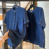 WIAOFELLAS  -  Summer Lightweight Breathable Lyocell Cotton Denim Shirts Men Women Loose Casual Short Sleeve Vintage Shirts Cityboy Blouses