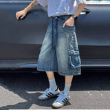 WIAOFELLAS  -  American Style Men's Denim Shorts Washing Multi-pocket Solid Color Worn-out Lace-up Straight Leg Male Jeans Summer