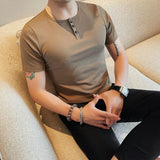 WIAOFELLAS  -  Summer Cotton Round Neck Men's Casual T-shirt Fashion Business Slim Fit Short Sleeve Elastic Solid Color Tees Tops Streetwear