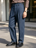 Wiaofellas  -  SS Men's Neapolitan Tailored Trousers, Denim‑Look Woven Double Pleat Paris Buckle High‑rise Straight‑Leg Business Casual Pa