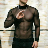 Wiaofellas  -  Autumn Warm Transparent Mesh High Neck Pullover Mens Daily Outdoor Slim Fit Long Sleeve Tops For Male Streetwear Vintage